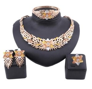 Africain Dubai Gold Jewelry Nigerian Crystal Flower Collier Bangs d'oreilles Ring Femmes Italien Wedding Bridal Jewelry Set9322221
