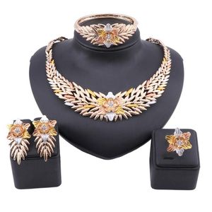 Bijoux africains en or de dubaï, collier de fleurs en cristal nigérian, bracelet, boucles d'oreilles, bague pour femmes, bijoux de mariée de mariage italien, Set269m