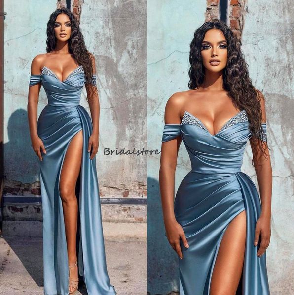 Vestido de noche de sirena azul polvoriento africano con escote en forma de corazón sexy con cuentas Vestidos de fiesta con abertura alta para niña negra Vestido de fiesta de noche 2023 Vestidos De Noche Ocasión especial