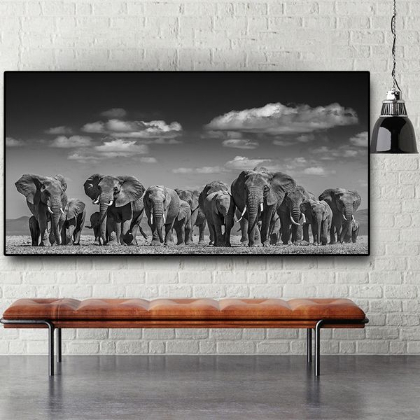 Éléphant d'Afrique Animal sauvage noir et blanc toile peinture scandinavie affiches et impressions Cuadros mur photo pour salon