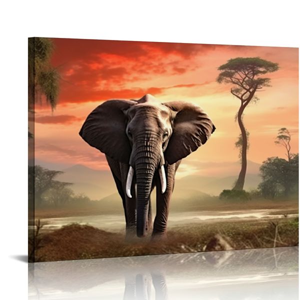 Éléphants africains toile mur art animal sauvage image coucher du soleil paysage peinture murale décor décorations grandes œuvres d'art pour le salon décoration de chambre de bureau de bureau