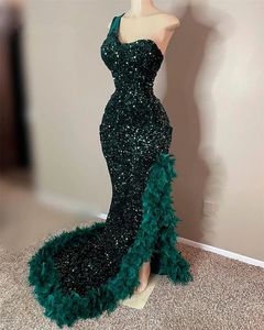 Africain vert émeraude robes de bal Sexy Gillter perlé paillettes Aso Ebi célébrité plumes sirène soirée robe de soirée