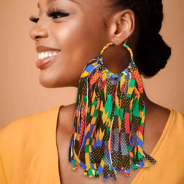 Boucles d'oreilles en tissu africain avec pompons faits à la main pour femmes, imprimé ethnique Ankara, grandes boucles d'oreilles surdimensionnées, usage quotidien, 240130