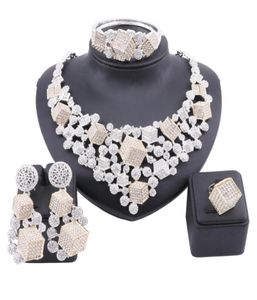 Ensembles de bijoux de mode africaine pendentif carré stéréoscopique cristal grand collier Dubai or femmes Bracelet boucles d'oreilles bague pour femmes8096364769