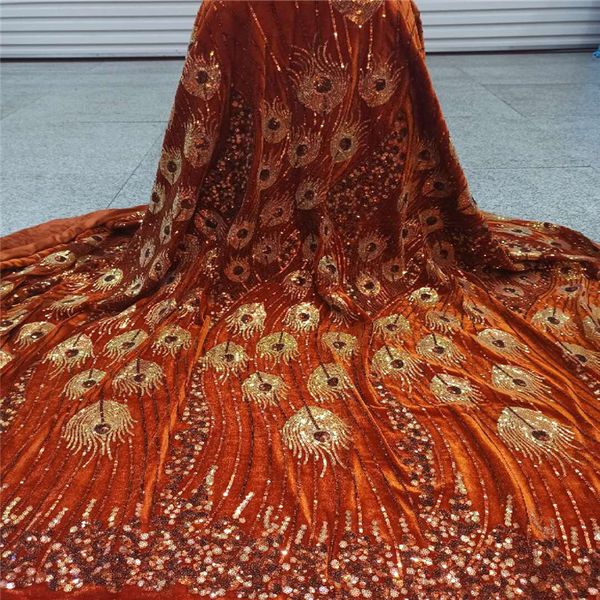 Africain French Velvet Lace Fabric 2020 Orange High Quality Velvet Lace Nigerian Sequence Net Lace Material For Women habiller