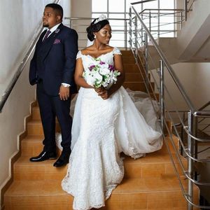 Robes de mariée sirène africaine pleine dentelle jupe détachable mancherons, plus la taille robes de mariée appliques surjupe corset dans le dos Sw212N