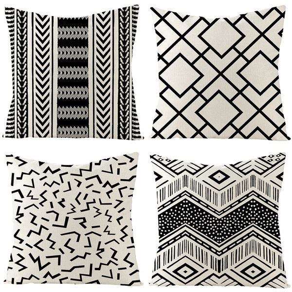 Taie d'oreiller motifs géométriques africains avec fermeture éclair noir et blanc rayure grille carrée housse de coussin taie d'oreiller 45x45cm
