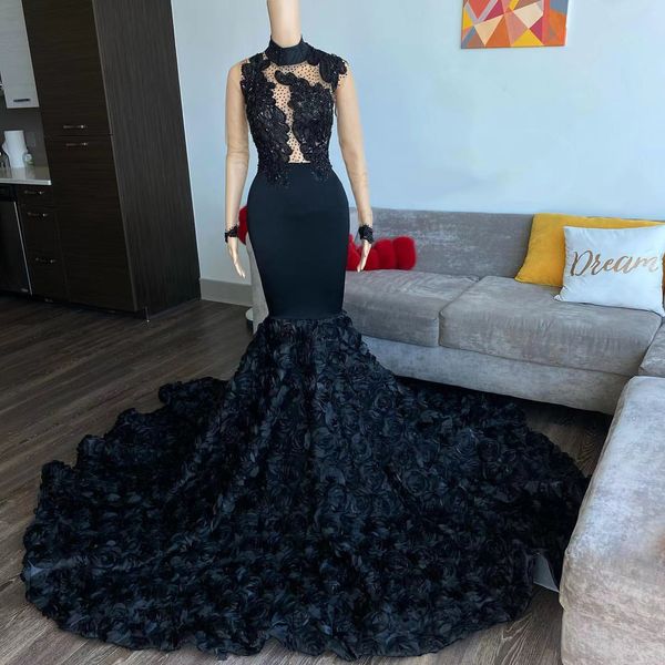 Fille africaine noire robes de bal élégantes 2022 sexy pure dentelle haut col haut perlé manches longues sexy robes de sirène robe de soirée