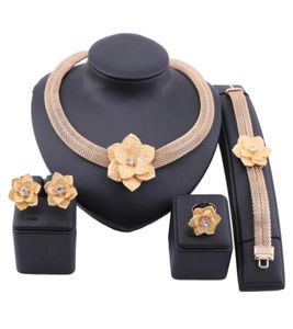African Gold Color Flower sieradensets voor vrouwen bruids bruidsgeschenken feest ketting oorbellen ringset s Arabia Jewellery3577461