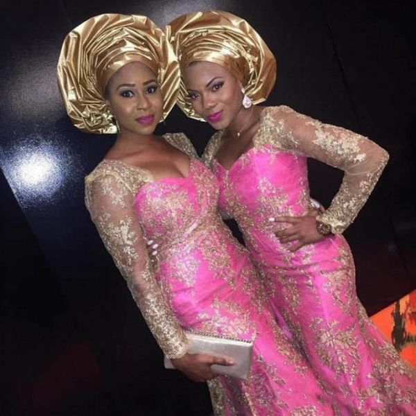 Vestidos de noche de encaje dorado africano Mangas largas Bellanaija Retrato Sirena Hasta el suelo Vestido de fiesta nigeriano Vestidos de fiesta