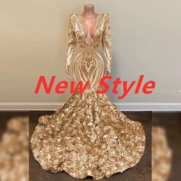 African Gold Mermaid Prom Dresses v Neck Long Sleeve Plus Size D Rose avondjurk Elegant formeel feest pailletten Black Girls Night Wear Robe Soiree Soiree