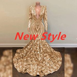 African Gold Mermaid Prom Dresses v Neck Long Sleeve Plus Size D Rose avondjurk Elegant formeel feest pailletten Black Girls Night Wear Robe Soiree Soiree