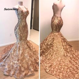 Africain Or Robes De Bal Sirène Halter Col En V 3D Fleurs Sans Manches Robe De Soirée Longue Arabe Dubai Party Gowns224O