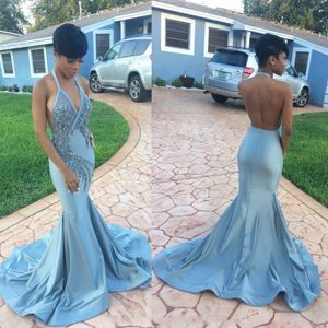 Afrikaanse halter prom jurken stoffige blauwe sexy backless zeemeermin avondjurken 2K17 pailletten kralen satijn formele feestjurk