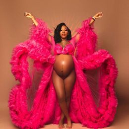 Robes de maternité rose vif africain pour séance photo ou baby shower ruffle tulle chic robes de bal robes de bal à manches longues photo à manches longues 1647