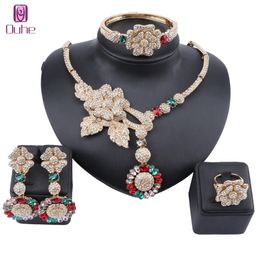 Bijoux africains breloque cristal collier boucles d'oreilles Dubai or ensembles de bijoux pour femmes mariage mariée Bracelet anneau ensemble de bijoux