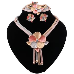 Bijoux africains, collier et boucles d'oreilles à breloques, ensembles de bijoux de dubaï pour femmes, Bracelet de mariée, bague, ensemble de fleurs