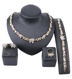 Bijoux africains, collier et boucles d'oreilles en cristal d'éléphant, ensembles de bijoux en or de dubaï pour femmes, Bracelet et bague de fête de mariage, Set4456973