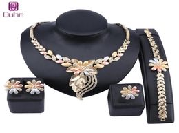Ensemble de bijoux africains collier de fleurs Bracelet Dubai or cristal ensemble de bijoux pour femmes fête de mariage boucles d'oreilles de mariée ensemble de bagues 9693642