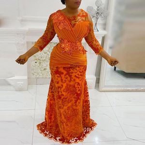 African Lace Velvet Mermaid Prom Dresses Sheer Neck lange mouwen aso ebi -stijl avondjurken