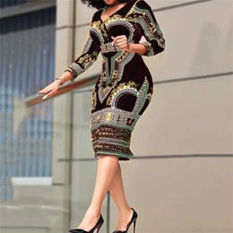 Afrikaanse damesjurken Elegant pols Hoge taille V Hals Vintage voor werk Office Business Fashion Slim Vestidos Dress Midi 220613