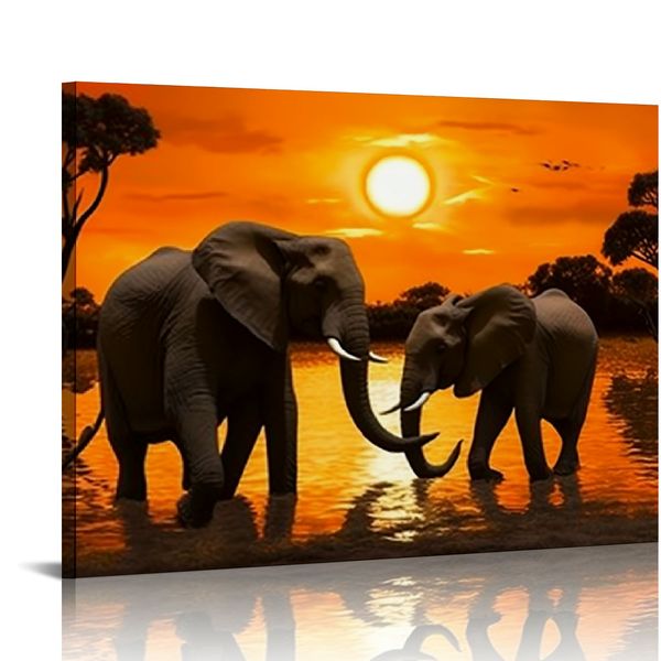 Africain Landscape Peinture Elephant Wall Art Toivas Imprimé des illustrations d'animaux sauvages modernes sur toile pour le salon