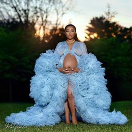 Robes de maternité bleu clair africain pour séance photo ou baby shower ruffle tulle chic robes de bal robes volonnelles à manches longues Photogra 261b