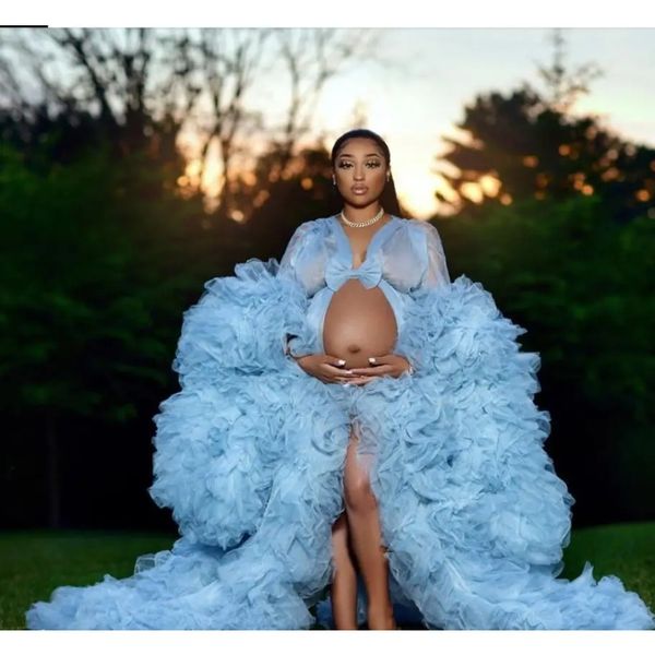 Vestido de maternidad azul claro africano, batas para sesión de fotos o baby shower, vestidos elegantes de tul con volantes para mujer, vestidos de graduación con volantes de manga larga