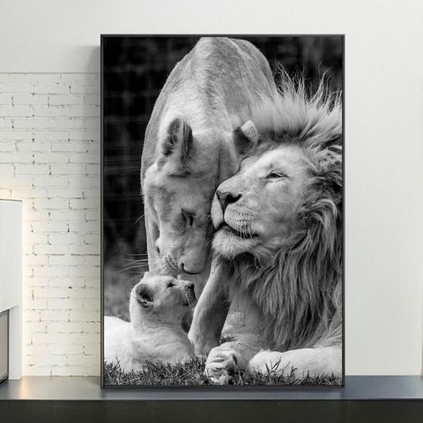 Familia de leones africanos, carteles artísticos en lienzo en blanco y negro, impresiones de pinturas de animales en las imágenes de la pared, decoración del hogar 259U