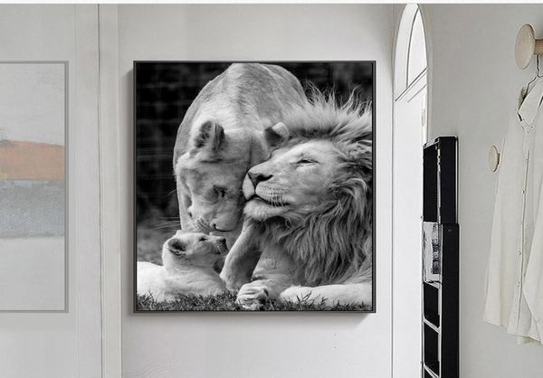 Toile d'art en noir et blanc avec famille de Lions africains, peintures murales avec animaux, décoration de maison, sans cadre, 9658770