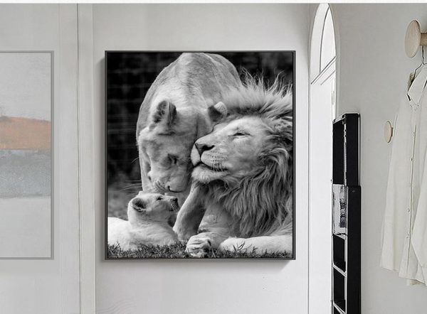 Famille de Lions africains noir et blanc toile Art animaux peintures sur toile Art mural pour salon décor à la maison sans cadre 7714623