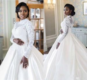 Robe de mariée africaine en Satin, manches longues, col haut, grande taille, avec des Appliques en dentelle, ligne A, perles de mariage