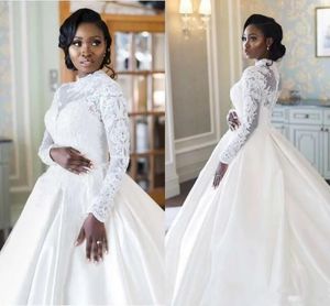 Afrikaanse Lange Mouw Hoge Hals Moslim Trouwjurken Plus Size Kant Applicaties Satijn A-lijn Bruiloft Parels Bruidsjurken