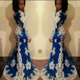 Robes de bal africaines à manches longues sirène nouvelle dentelle blanche appliques longueur de plancher illusion bijou cou robes de soirée formelles robe de soirée