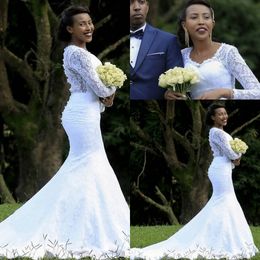 Robes de mariée sirène en dentelle à manches longues africaines 2020 encolure dégagée froncé balayage train robes de mariée robes de mariée avec boutons