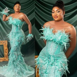 Africain Luxury Aso Ebi Robes de bal Robes de soirée menthe Sirène Sirène en dentelle perlée