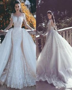 African Luxury Lace Mermaid Wedding Jurken 2020 Illusie nek lange mouw afneembare trein appliques kralen plus size Arabische Brid9947622222