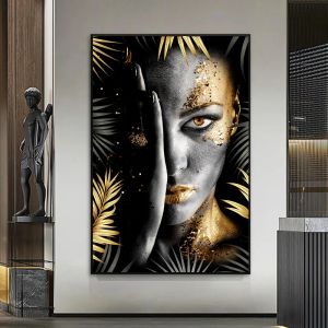 Afrikaanse make -up vrouwen met zwarte gouden bladeren canvas schilderen moderne figuur muur kunst poster print foto voor woonkamer huisdecoratie