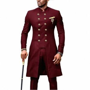 Afrikaanse Man Wedding Suits Burdy Double Breasted Jas Broek 2 Stuks Stand Kraag Prom Blazer Bruidegom Tuxedos Kostuum Homme A1HU #