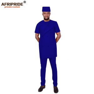 Afrikaanse mannen kleding traditionele set dashiki outfit korte mouw jas broek tribale hoed trainpak wax afripride a1916023 240403