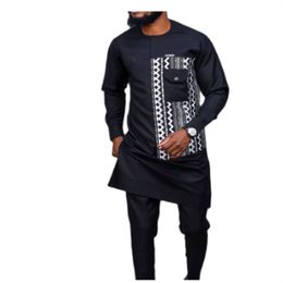 African Men Dashiki Lange mouw 2-delige set traditionele Afrika kleding gestreepte herenpak mannelijke shirt broek pakken zwart (m-4xl)