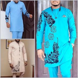 Vêtements pour hommes africains ensembles de pantalons de luxe pour habiller des costumes élégants complets vêtements pour hommes col rond 2Pc marque Costume Abaya Dashiki 240304