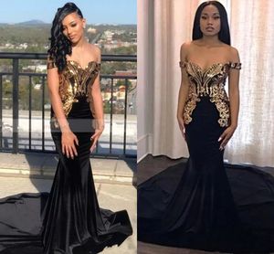 African Mermaid Black Prom Dresses 2023 Lang Gold Appliques Elegant Off Shoulder Mermaid Black Girl Evening Formele jurken Grijs Vestidos de Feast