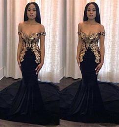 African Mermaid Black Prom Dresses Long Gold Appliques Elegant Off Shoulder Custom Black Girls avondjurken Celebrity Runway Dres2138774