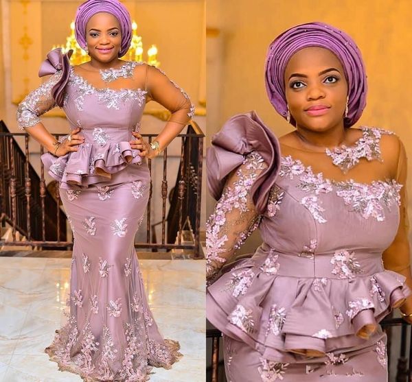 2021 Aso Ebi Robes De Soirée De Sirène Africaine Porter Sheer Neck 3/4 Manches Longues Appliques Dentelle Perlée Peplum Ruffles Prom Party Robes Longue Etage Longueur Dusty Rose