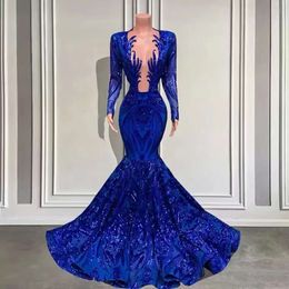 African Mermaid Sheer Blue Prom Dresses Glitter Royal Plunging Neck Patroon Lafted Lace Applique Long Sheeves Black Girls Formele feestavondjurken