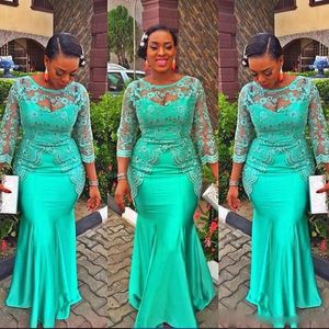 Afrikaanse zeemeermin turquoise prom jurk 2017 kant Nigeria lange mouw moeder prom dresses aso eBI stijl avond plus size party jassen