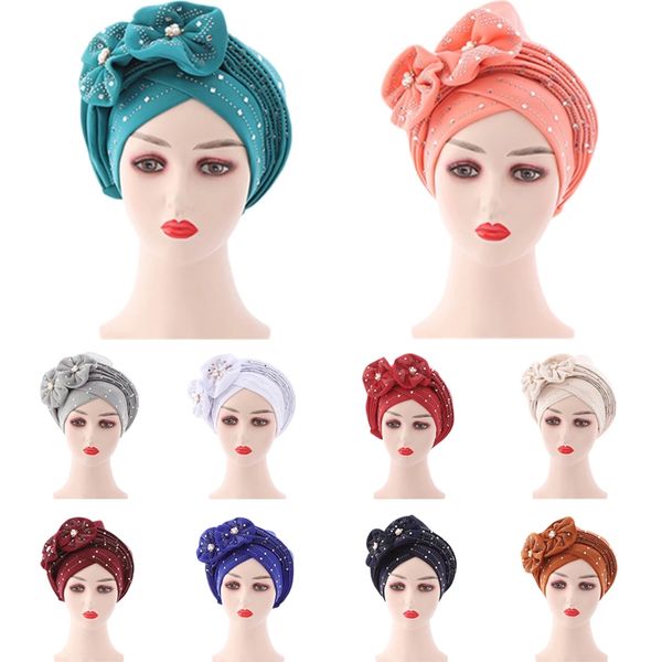 Gorro turbante musulmán africano para mujer, Hijab de Gele automático con perforación en caliente para quimio, gorro instantáneo listo para usar, cubierta para la pérdida de cabello, envoltura para la cabeza