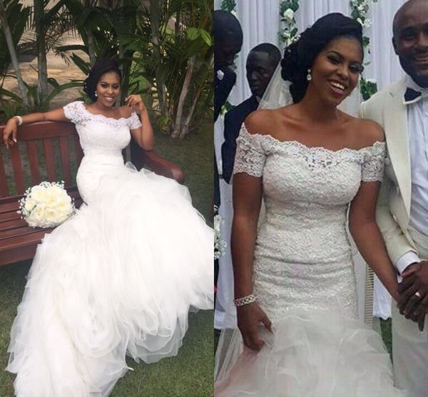 Vestidos de sirena nigerianos africanos de encaje de encaje de hombro Rufos Tulle Court Train Vestido de novia Vestidos de novia de novia