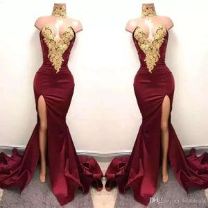 Afrikaanse nieuwe sexy bury prom -jurken dragen zeemeermin gouden kanten appliqued front split k elegante formele avondfeestjurken